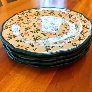 Floral Print Scallop Wavy Green Rim Salad Plates Dessert Ceramic Cottagecore